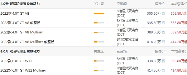 賓利歐陸gt選裝價格表，市場最新2022款報價305萬起